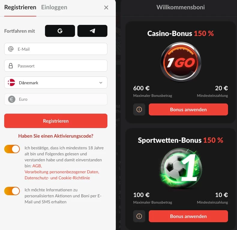 1go Casino Aktivierungscode