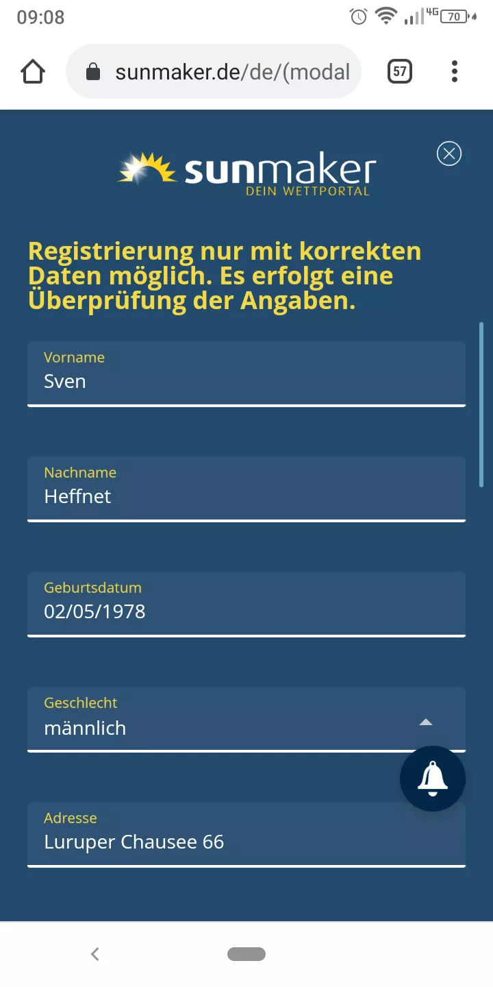 Sunmaker Registrierung Schritt 1