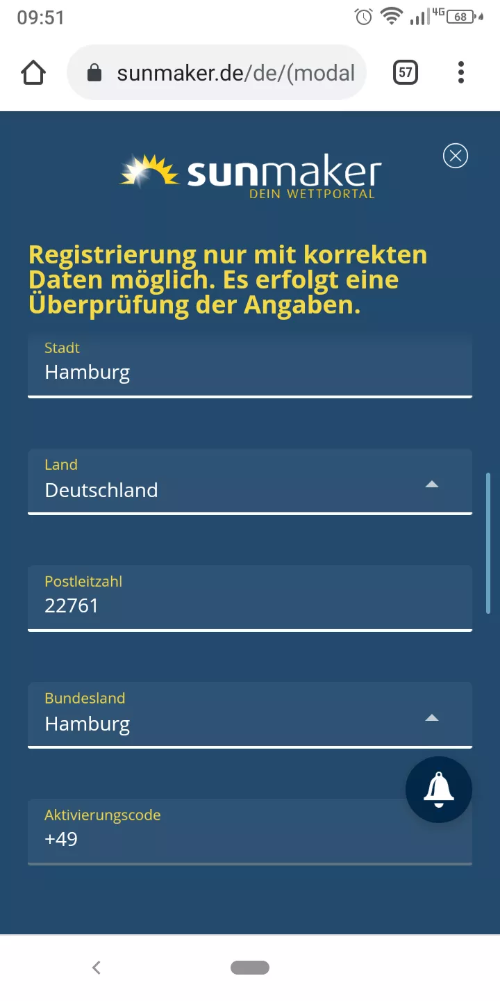 Sunmaker Registrierung Schritt 2