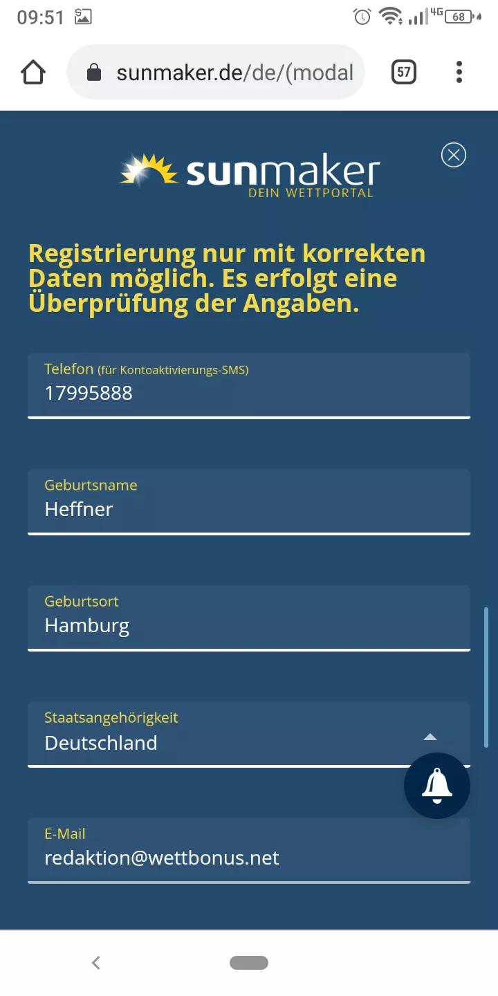 Sunmaker Registrierung Schritt 3