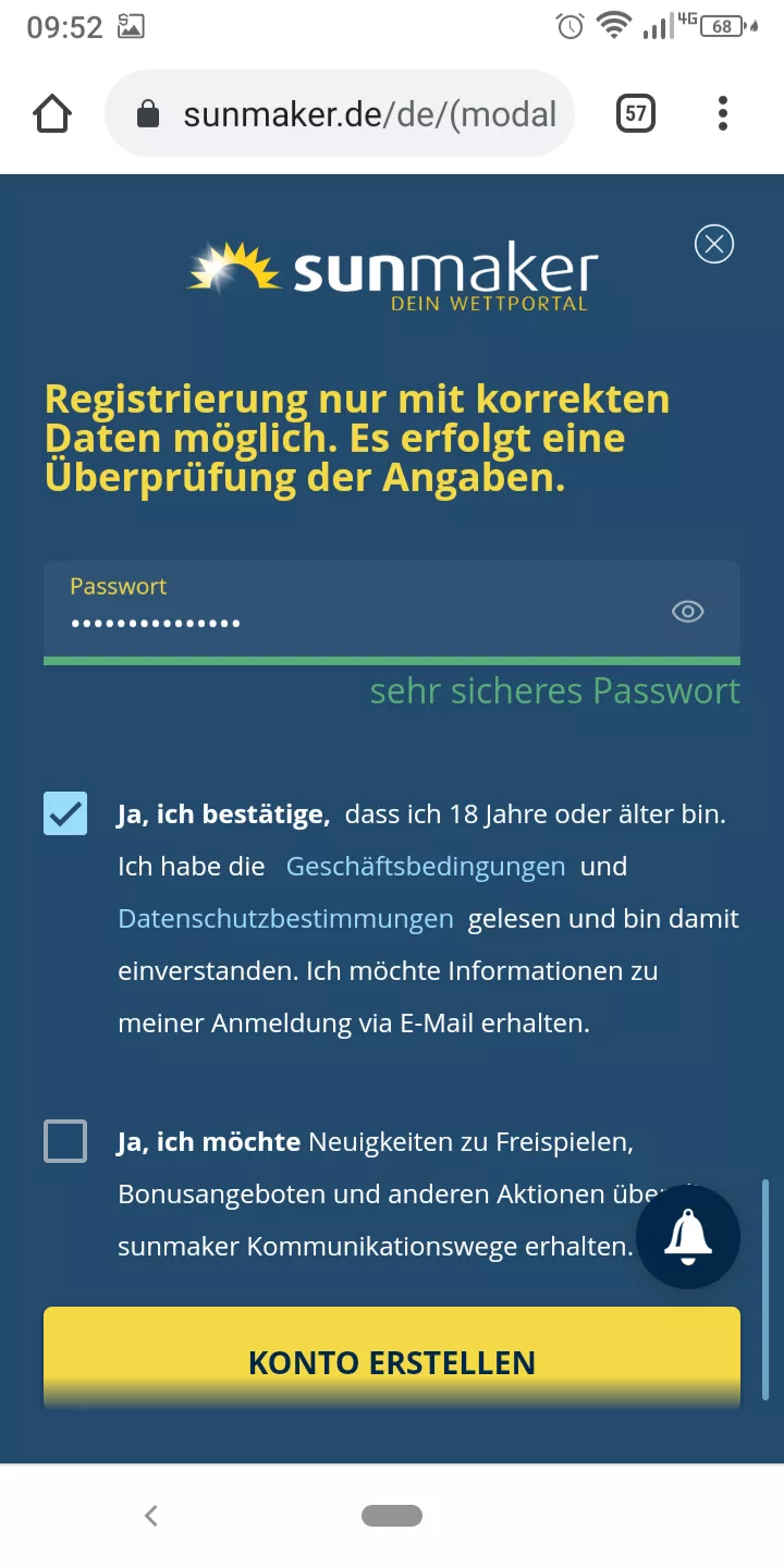 Sunmaker Registrierung Schritt 4