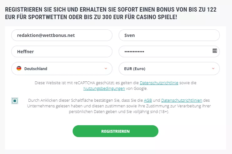 22Bet Registrationsformular