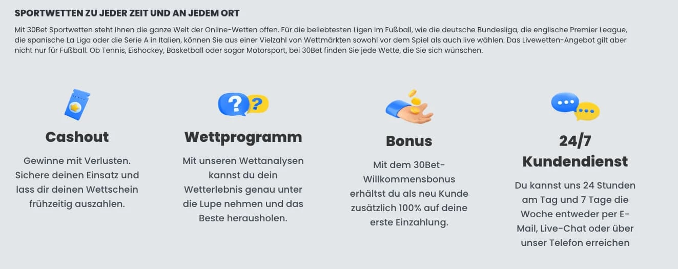 30Bet Details für Bonus und Wettangebot