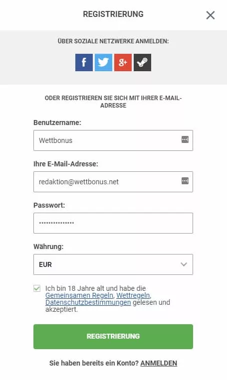 GG.bet eSports Registrierungsformular