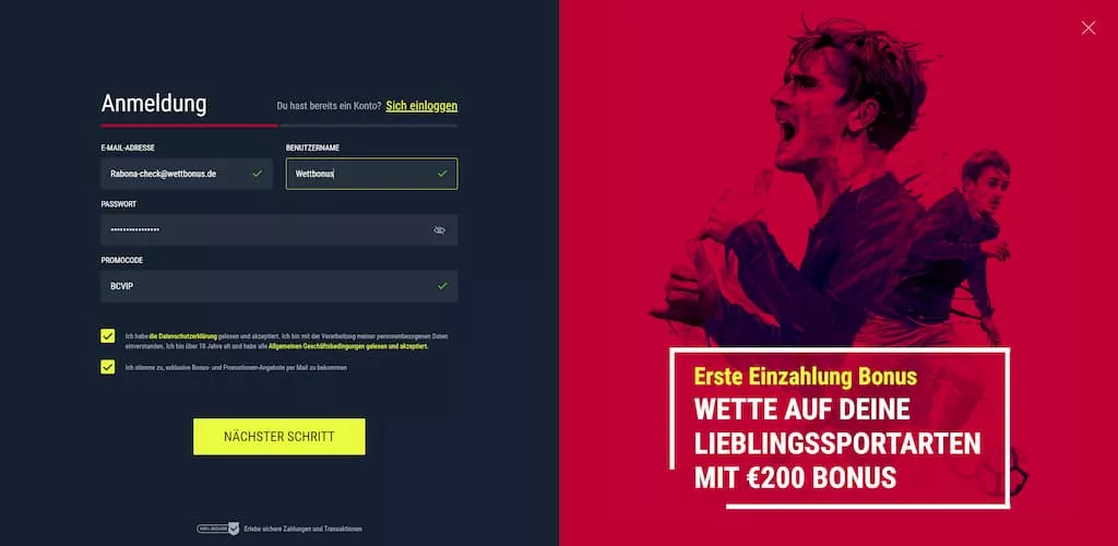 Rabona Sportwetten Registrierungsformular
